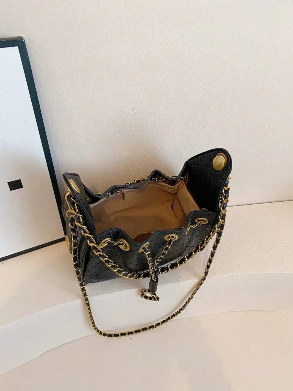 Black Casual Women's Rhombus Embroidery Small Square Dual Chain Crossbody Bag